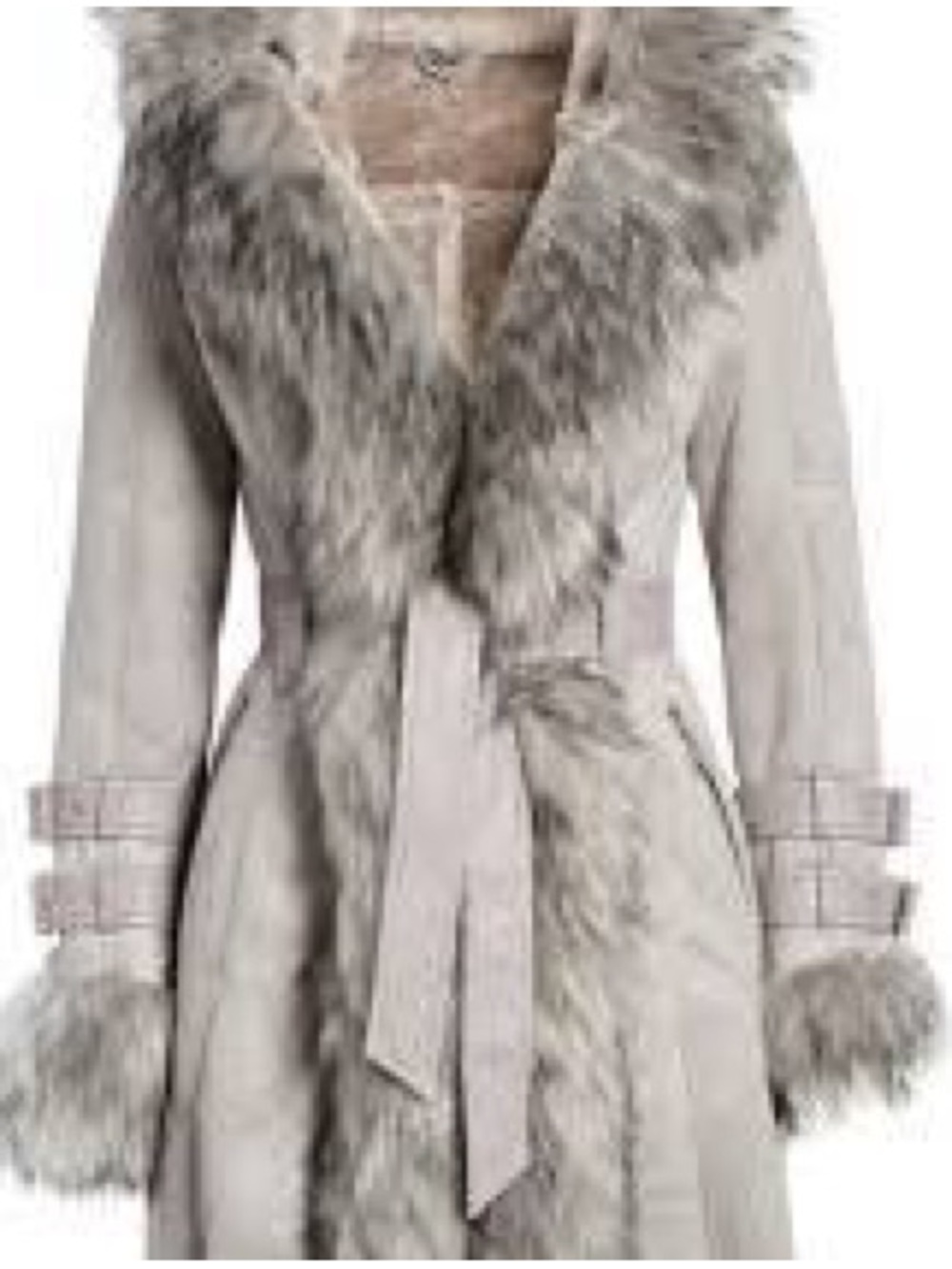 Women's Light Gray Faux Fur And SuedeTrim Coat